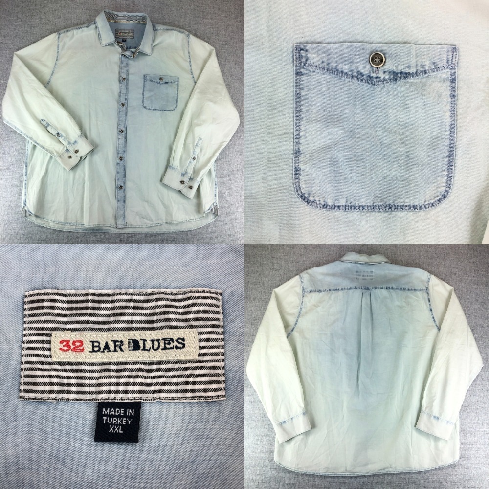 32 Bar Blues Denim Shirt Light Wash‎ Button Up Long Sleeve Mens XXL
